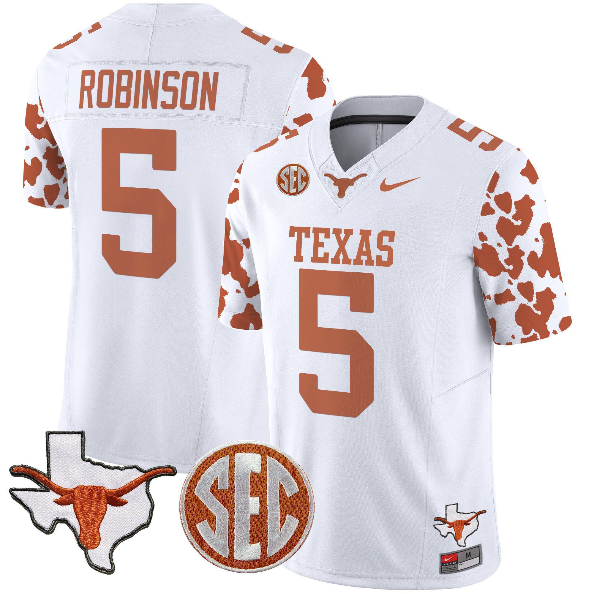 Men Texas Longhorns #5 Robinson White 2024 Nike Cow Spots Vapor Limited NCAA Jersey